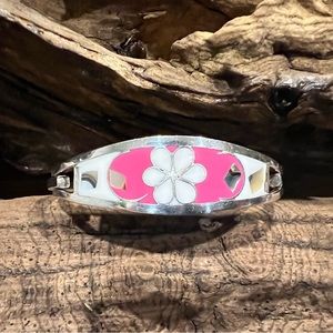Authentic Mexican Alpaca Pink White Daisy Cuff Bracelet Abalone MOP Small Bangle